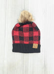 Red Buffalo Plaid Pom Beanie Hat