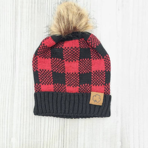 Red Buffalo Plaid Pom Beanie Hat